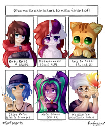 Size: 904x1080 | Tagged: safe, artist:kindny-chan, aria blaze, moondancer (g1), human, pony, unicorn, equestria girls, rainbow rocks, beanie, beard, bust, chef's hat, chest fluff, chloe price, cigarette, facial hair, female, fire, glasses, hat, life is strange, mare, markiplier, puss in boots, ruby rose, rwby, shrek, six fanarts