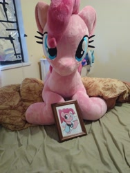 Size: 3072x4096 | Tagged: safe, artist:lanacraft, derpibooru import, pinkie pie, earth pony, pony, bed, dessert, female, food, photo, picture frame, plushie, solo