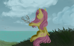 Size: 3200x2000 | Tagged: safe, artist:taika403, derpibooru import, fluttershy, pegasus, pony, cloud, eyes closed, facing away, female, folded wings, grass, hoof hold, mare, ocean, outdoors, peaceful, scenery, sitting, sky, solo, stick, twig, wind, windswept mane, wings