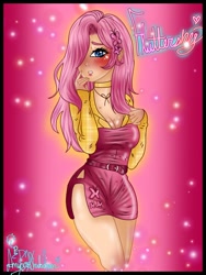 Size: 768x1024 | Tagged: safe, artist:amyrosexshadowlover, derpibooru import, fluttershy, human, blushing, breasts, cleavage, female, hair over one eye, humanized, looking at you, solo