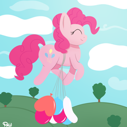Size: 1800x1800 | Tagged: safe, artist:ponyxwright, derpibooru import, pinkie pie, earth pony, pony, atg 2020, balloon, cloud, cute, diapinkes, eyes closed, female, floating, happy, heart balloon, in which pinkie pie forgets how to gravity, mare, newbie artist training grounds, pinkie being pinkie, pinkie physics, smiling, solo, then watch her balloons lift her up to the sky, tree