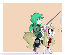 Size: 2500x2100 | Tagged: safe, artist:fullmetalpikmin, oc, oc:cherry blossom, human, unicorn, bread, fishing rod, food, human oc, humans riding ponies, riding