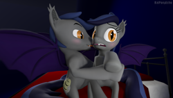 Size: 1280x720 | Tagged: safe, artist:batponyecho, oc, oc only, oc:echo, bat pony, pony, 3d, bat pony oc, bat wings, bed, blushing, confused, cutie mark, duo, fangs, female, licking, male, mare, pillow, rule 63, scared, self ponidox, selfcest, sfm pony, shipping, source filmmaker, spread wings, stallion, straight, tongue out, wings