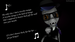 Size: 1280x720 | Tagged: safe, artist:batponyecho, oc, oc only, oc:echo, bat pony, pony, 3d, bat pony oc, bat wings, blues brothers, clothes, fangs, female, mare, microphone, sfm pony, singing, solo, source filmmaker, sunglasses, text, wings