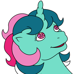 Size: 1963x1963 | Tagged: safe, artist:lightningbolt, derpibooru exclusive, fizzy, pony, twinkle eyed pony, unicorn, g1, .svg available, april fools, april fools 2020, badge, bust, female, horn, mare, simple background, solo, svg, transparent background, vector, vector trace