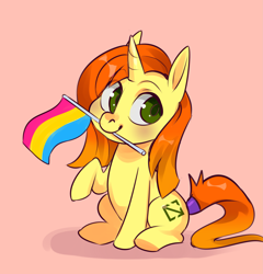 Size: 3807x3959 | Tagged: safe, artist:corelle-vairel, part of a set, oc, pony, unicorn, female, high res, mare, mouth hold, pansexual pride flag, pride, pride flag, solo, ych result