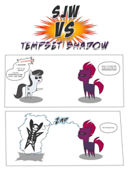 Size: 1786x2364 | Tagged: safe, artist:perfectblue97, tempest shadow, oc, earth pony, pony, unicorn, anti-sjw, broken horn, comic, dialogue, electrocution, female, horn, mare, pointy ponies, social justice warrior