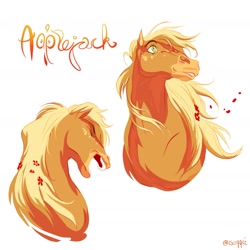 Size: 1630x1630 | Tagged: safe, artist:iscoppie, derpibooru import, applejack, earth pony, pony, bust, flower, flower in hair, hoers, simple background, solo, text, white background