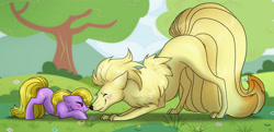 Size: 2736x1323 | Tagged: safe, artist:ali-selle, oc, oc:flossy tail, earth pony, blushing, crossover, cute, eyes closed, face down ass up, multiple tails, ninetales, nuzzling, ocbetes, pokémon, tree