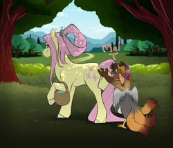 Size: 3500x3000 | Tagged: safe, artist:jeshh, derpibooru import, fluttershy, oc, oc:fox glove, draconequus, hybrid, pegasus, pony, basket, high res, interspecies offspring, offspring, parent:discord, parent:fluttershy, parents:discoshy