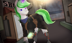 Size: 5274x3179 | Tagged: safe, artist:suchalmy, oc, oc:techno muse, cyborg, fallout equestria, clothes, heterochromia, magic, male, stallion