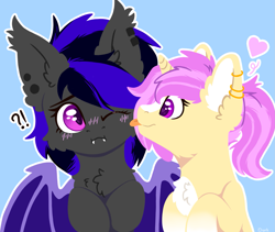 Size: 1845x1554 | Tagged: safe, artist:dark lightning, oc, bat pony, pony, unicorn, blushing, chest fluff, embarrassed, heart, licking, oc x oc, shipping, tongue out