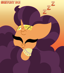 Size: 1600x1800 | Tagged: safe, artist:snakeythingy, saffron masala, pony, unicorn, female, fluffy, fluffy mane, gradient background, lineless, mare, onomatopoeia, poofy mane, sleeping, solo, sound effects, story included, zzz