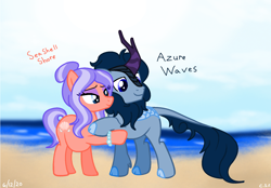 Size: 1768x1228 | Tagged: safe, artist:classicsonicchick, oc, oc:azure waves, oc:seashell shore, earth pony, kirin, pony, base used, female, male, mare, pregnant