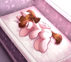 Size: 2701x2352 | Tagged: safe, artist:airiniblock, oc, oc only, oc:heaven, alicorn, pony, alicorn oc, baby, baby pony, child, crib, horn, rcf community, sleeping, wings