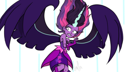 Size: 1366x768 | Tagged: safe, artist:dancingmylifeaway, derpibooru import, midnight sparkle, sci-twi, twilight sparkle, equestria girls, friendship games, antagonist, bare shoulders, clothes, fear, female, floating, gloves, hair, hiding behind wings, horn, jagged horn, large wings, multicolored hair, recreation, scared, scene interpretation, skirt, sleeveless, solo, strapless, terrified, void, wide eyes, wings