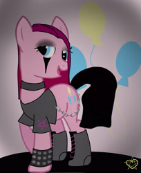 Size: 2297x2819 | Tagged: safe, artist:8l4ck0u7, derpibooru import, pinkie pie, earth pony, pony, alternate hairstyle, boots, chains, clothes, eyeshadow, female, makeup, mare, metalhead, open mouth, pinkamena diane pie, raised hoof, shirt, shoes, solo, studded bracelet, t-shirt