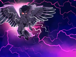 Size: 1024x768 | Tagged: safe, artist:loryska, oc, oc:thunder bird, pegasus, pony, female, glowing eyes, lightning, mare, solo