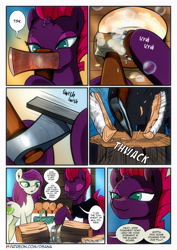 Size: 2480x3508 | Tagged: safe, artist:dsana, fizzlepop berrytwist, tempest shadow, oc, oc:thistledown, earth pony, pony, unicorn, comic:a storm's lullaby, comic, damascus steel, misspelling