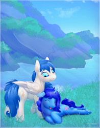 Size: 3300x4200 | Tagged: safe, artist:viwrastupr, oc, oc only, oc:delly, oc:graceful motion, pegasus, pony, unicorn, blushing, cute, date, happy, mountain, nature, outdoors, scenery, water