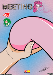 Size: 1735x2440 | Tagged: safe, artist:otakon, derpibooru import, pinkie pie, human, comic:meeting pinkie, commission, cover, hand, holding hands, holding hooves, hooves, human male, male