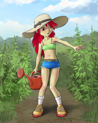 Size: 858x1080 | Tagged: safe, artist:vyazinrei, apple bloom, equestria girls, agriculture, armpits, belly button, clothes, cute, denim shorts, freckles, hat, jeans, midriff, open mouth, pants, sexy, shoes, short shirt, shorts, sneakers, socks, solo, sun hat, teenager, tomboy, watering can, worker