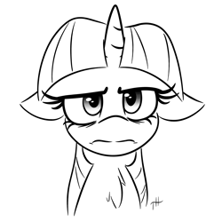 Size: 3250x3250 | Tagged: safe, artist:fakskis, derpibooru import, twilight sparkle, pony, 30 minute art challenge, bags under eyes, bust, chest fluff, female, floppy ears, frown, grumpy, grumpy twilight, horn, looking at you, mare, monochrome, portrait, simple background, solo, twilight is not amused, unamused, white background