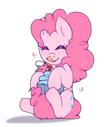 Size: 1224x1472 | Tagged: safe, artist:mariigoldenn, derpibooru import, pinkie pie, earth pony, pony, cupcake, cute, diapinkes, eyes closed, female, food, heart, licking, licking lips, mare, simple background, sitting, smiling, solo, tongue out, transparent background