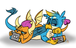 Size: 808x521 | Tagged: safe, artist:g-elric, gallus, smolder, dragon, griffon, female, male, nintendo switch, prone, shipping, smollus, straight