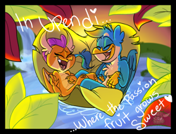 Size: 1700x1300 | Tagged: safe, artist:g-elric, gallus, smolder, dragon, griffon, cute, disney, female, gallabetes, leaf, lion king 2 simba's pride, male, shipping, smolderbetes, smollus, straight, the lion king