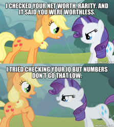 Size: 600x674 | Tagged: safe, derpibooru import, edit, edited screencap, screencap, applejack, rarity, earth pony, pony, unicorn, look before you sleep, caption, duo, female, image macro, insult, mare, memeful.com, roasted, text