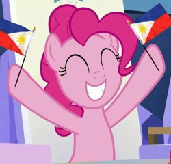 Size: 679x652 | Tagged: safe, derpibooru import, edit, edited screencap, screencap, pinkie pie, earth pony, pony, cropped, episode needed, eyes closed, flag, hoof hold, philippines, solo