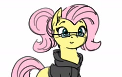 Size: 2000x1275 | Tagged: safe, artist:vanillaghosties, derpibooru import, fluttershy, pegasus, pony, adorkable, alternate hairstyle, clothes, cute, dork, female, glasses, hoodie, mare, ponytail, shyabetes, simple background, solo, white background