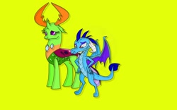 Size: 1440x900 | Tagged: safe, artist:whistle blossom, mesosoma, prince ash, princess ember, queen mesosoma, thorax, changedling, changeling, dragon, ashosoma, cute, digital art, emberbetes, embrax, female, king thorax, male, obtrusive watermark, rule 63, rule63betes, shipping, simple background, standing, straight, thorabetes, watermark, yellow background