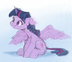 Size: 1527x1311 | Tagged: safe, artist:vanillaghosties, derpibooru import, twilight sparkle, twilight sparkle (alicorn), alicorn, pony, colored sketch, cute, female, floppy ears, mare, sitting, solo, spread wings, twiabetes, wings