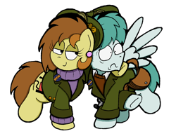 Size: 1024x793 | Tagged: safe, artist:bobthedalek, oc, oc only, oc:bubble pump, oc:clippy ticket, earth pony, pegasus, pony, clothes, ear piercing, earring, female, hat, hug, jacket, jewelry, male, piercing, pulling, simple background, smug, sweater, transparent background, unbalanced