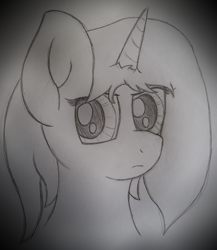 Size: 1836x2115 | Tagged: safe, artist:firestarter, oc, oc:bright star, unicorn, female, monochrome, photoshop, traditional art