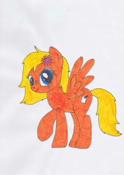 Size: 752x1063 | Tagged: safe, artist:electric spark, color edit, edit, oc, oc only, oc:whistle blossom, pegasus, pony, colored, female, filly, flower, flower in hair, foal, looking at you, one hoof raised, pegasus oc, simple background, smiling, solo, spread wings, teenager, traditional art, white background, wings