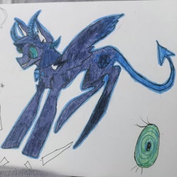 Size: 1080x1080 | Tagged: safe, alternate version, artist:merzavka_uwu, oc, oc only, demon, demon pony, original species, horn, solo, traditional art, wings