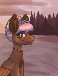 Size: 1622x2104 | Tagged: safe, artist:raya, oc, oc:rosalie, pegasus, bangs, beach, braid, commission, jewelry, looking at you, necklace, pegasus oc, scenery, solo, sunset, tree