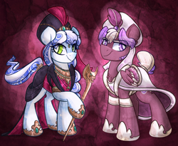 Size: 1010x830 | Tagged: safe, artist:azimooth, oc, oc only, oc:templar, oc:thauma disk, earth pony, pegasus, pony, ask thaumaturge pony, cloak, clothes, female, male, mare, staff, stallion