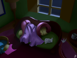 Size: 4000x3000 | Tagged: safe, artist:sheeppony, derpibooru import, angel bunny, discord, fluttershy, pegasus, pony, blanket, duo focus, fluttershy's cottage, night, offscreen character, sleeping, sofa