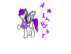 Size: 2828x2121 | Tagged: safe, artist:prismicdiamondart, oc, oc only, oc:amethyst, pegasus, pony, eyes closed, female, mare, pegasus oc, raised hoof, simple background, smiling, solo, text, white background, wings