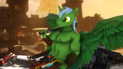 Size: 3840x2160 | Tagged: safe, artist:vladichslg, oc, oc:green hit, alicorn, anthro, 3d, abs, alicorn oc, anthro oc, borderlands, bracelet, crossover, fetish, green skin, horn, jewelry, male, muscle fetish, muscles, nipples, nudity, partial nudity, source filmmaker, vehicle, vein, weapon, wings