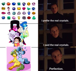 Size: 1240x1164 | Tagged: safe, artist:whatsapokemon, edit, editor:badassassin, oc, oc:heart song, oc:sweet heat, crystal pony, pony, crystal, crystal gems, exploitable meme, gem, magneto, meme, perfection, steven universe, stock image, x-men