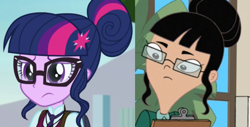 Size: 1153x588 | Tagged: safe, derpibooru import, edit, screencap, sci-twi, twilight sparkle, equestria girls, friendship games, clothes, comparison, crystal prep academy uniform, phineas and ferb, school uniform, stacy hirano