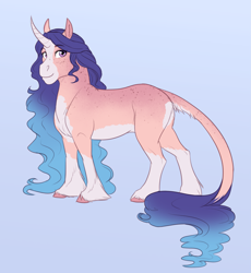 Size: 2305x2503 | Tagged: safe, artist:askbubblelee, oc, oc only, oc:lollipop, pony, unicorn, body freckles, curved horn, digital art, female, freckles, horn, leonine tail, mare, simple background, solo, unicorn oc