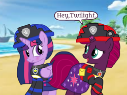 Size: 1440x1080 | Tagged: safe, artist:徐詩珮, derpibooru import, fizzlepop berrytwist, tempest shadow, twilight sparkle, twilight sparkle (alicorn), alicorn, series:sprglitemplight diary, series:sprglitemplight life jacket days, series:springshadowdrops diary, series:springshadowdrops life jacket days, alternate universe, base used, blushing, chase (paw patrol), clothes, cute, dialogue, female, lesbian, marshall (paw patrol), paw patrol, shipping, tempestlight, ultimate rescue