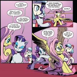 Size: 949x949 | Tagged: safe, artist:andypriceart, derpibooru import, idw, coco pommel, fluttershy, rarity, earth pony, pegasus, pony, unicorn, spoiler:comic, spoiler:comic64, comic, comic panel, female, lip bite, mare, official comic, out of context, pushing, speech bubble, spread wings, trio, wings