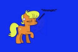 Size: 481x324 | Tagged: safe, artist:whistle blossom, ms. harshwhinny, earth pony, pony, amused, blue background, dialogue, digital art, ear piercing, earring, eyes closed, female, jewelry, mare, ms. harshwhinny is not amused, obtrusive watermark, one hoof raised, piercing, pouting, simple background, solo, watermark